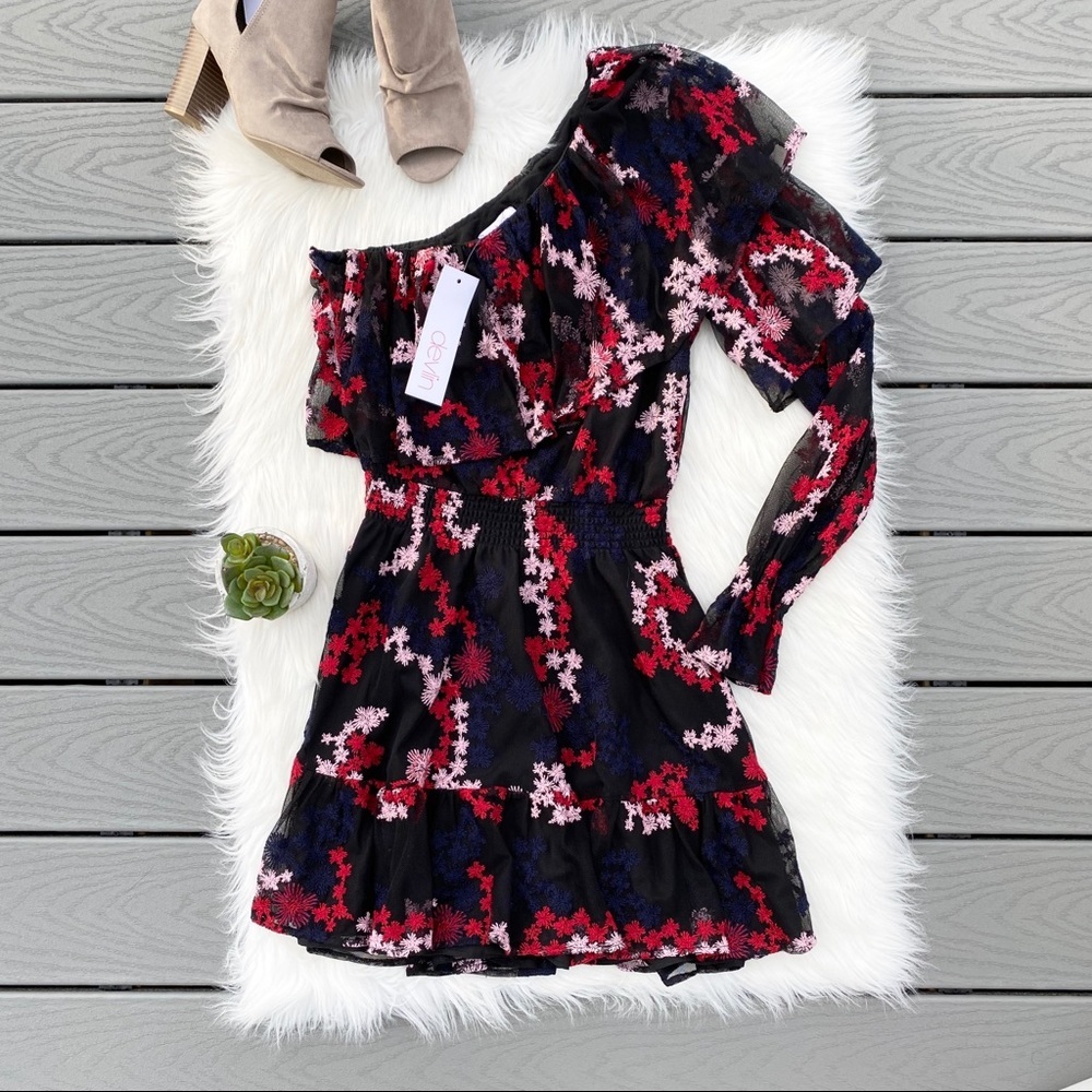 Devlin single sleeve ruffle lace dress